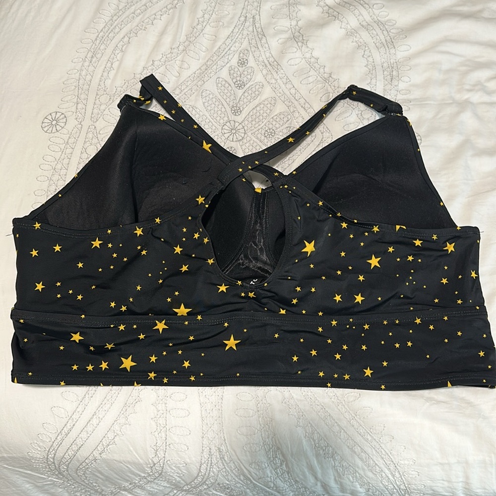 Wire-Free Bra Racerback Bikini Top Black And Yellow Star Print Sz 3X - Picture 4 of 5